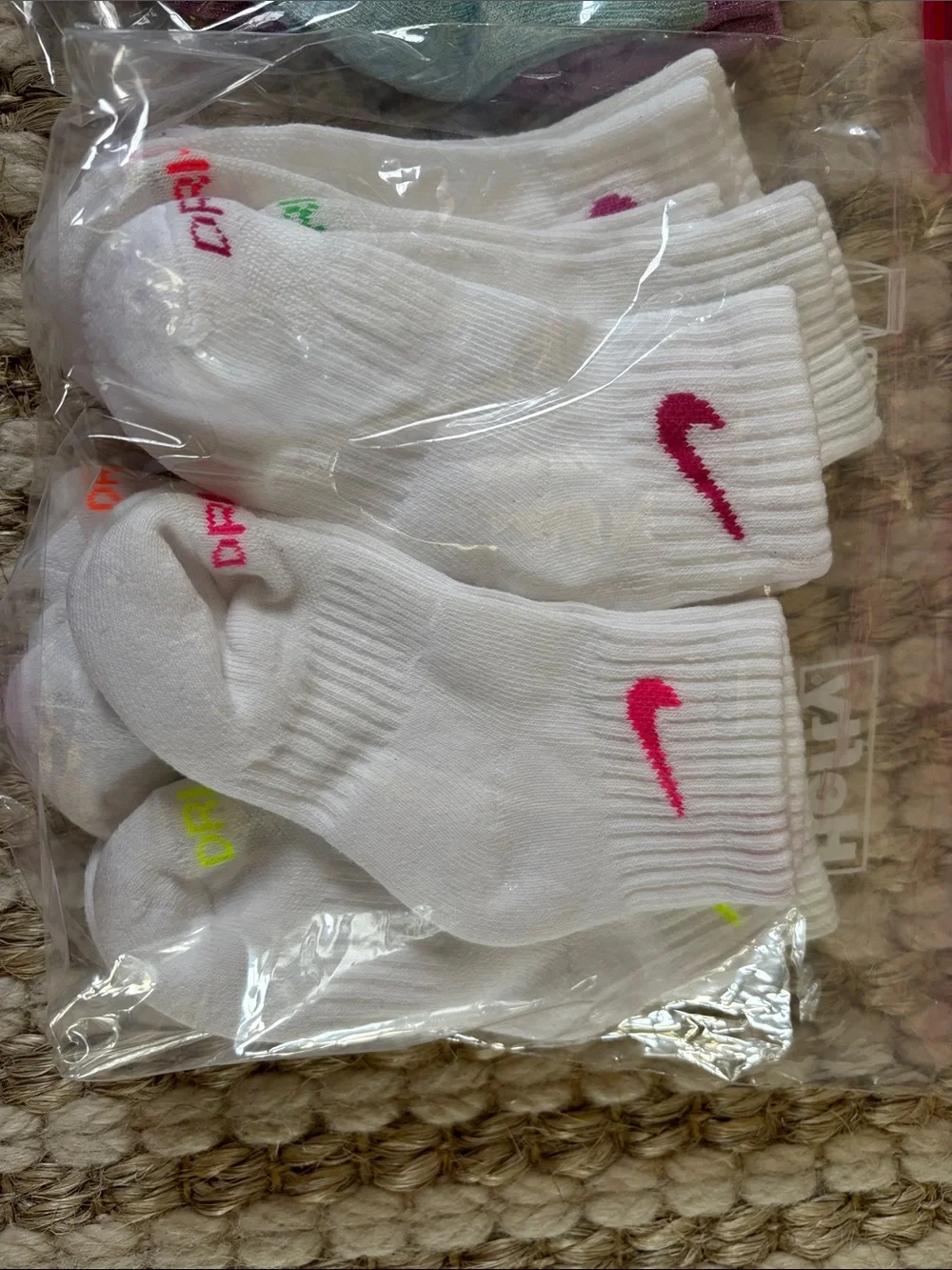 Nike Kids White Crew Socks with Pink Swoosh - Multi-Pack size XS (10C-3Y)